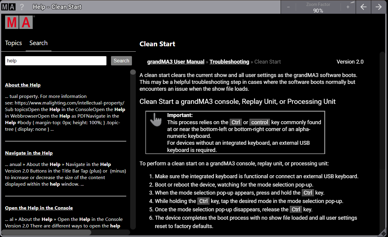 The help window with a search result is shown