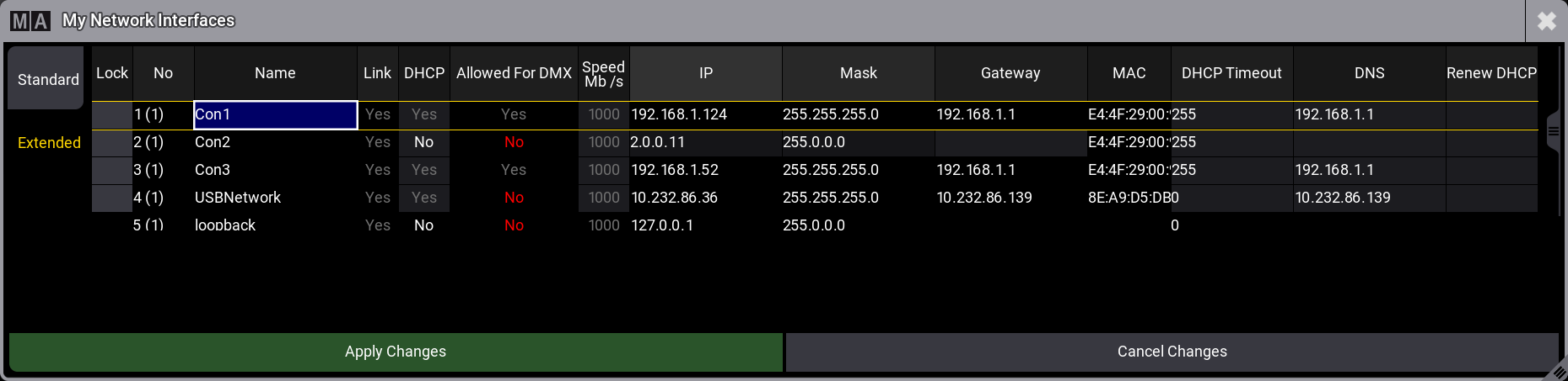 The image show the extended version of the My Network Interfaces pop-up.